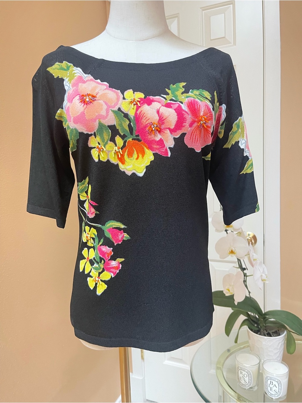 Blumarine Floral Knit Top IT 44 Black Beaded Embroidered Made in Italy $795